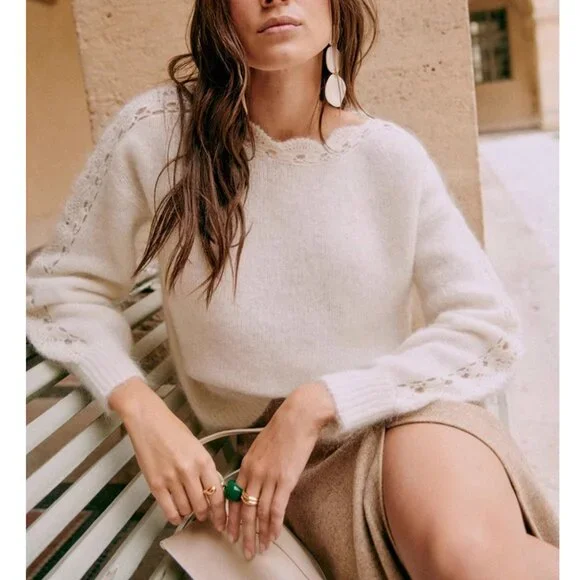 BEST Sezane Stacy Jumper Sweater Medium Ecru Ivory French Wool Mohair Knit - Picture 4 of 10